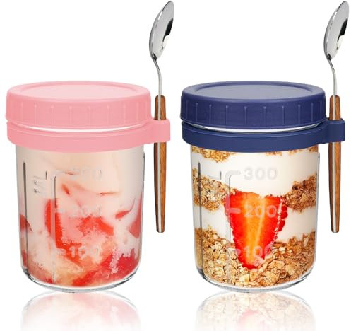 UHAPEER Overnight Oats Gläser, Joghurtgläser mit Deckel und Löffel, Mason Jar 350ml/12oz 2er Set, Schraubgläser Glas behälter, Müslidose für Jogurt Müsli Milch Früchte Cornflakes