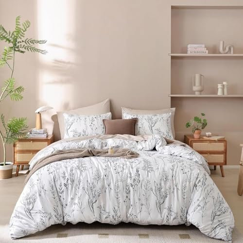 Tospass Bettwäsche 135x200 cm Weiß Weiss Blumen Blätter Pflanzen Muster Bettwäsche Set Floral Bettbezug Mikrofaser Wende Bettwäsche 1 Deckenbezug mit Reißverschluss 1 Kissenbezug 80x80 cm