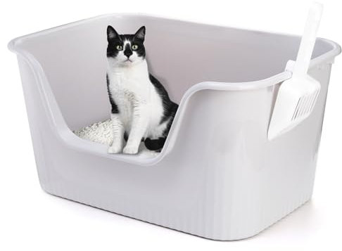 Noamus Extra große Katzentoilette mit Schaufel, hohe Seiten, Jumbo-Katzentoilette, spritzsicher, stabiler Kunststoff, Freiluft-Katzentoilette, freie Montage, 65,8 x 45,5 x 33,5 cm (grau)