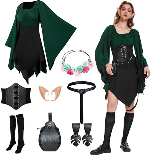 Mittelalter Kleidung Damen Irisches Kleid Dress Renaissance Elfen Cosplay Kostüm set 8pcs mit Elfenohren,Elfenkopfringe, Gürtel, Vintage-Taschen,Rockclips,Overknee Sockenund Ledergürtel.(Schwarz, S)