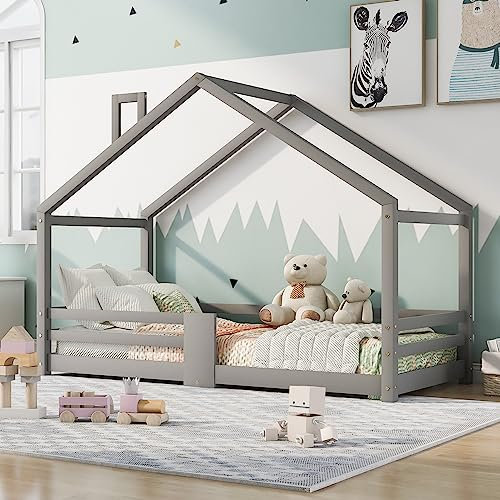 KUAKE Kinderbett Hausbett mit Schornstein | Rausfallschutz| Robuste Lattenroste |Kiefernholz Haus Bett für Kinder, 90 x 200 cm (Grau)