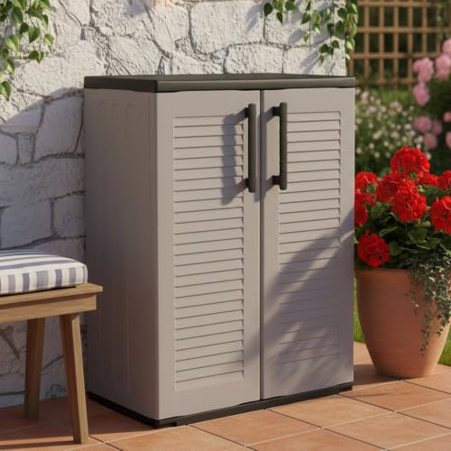 Dmora - Außenschrank Bilzen, Outdoor-Möbel, Balkonschrank, Mehrzweckschrank, 100% Made in Italy, Grau und Schwarz, gestreift, 68 x 37 x 84 cm