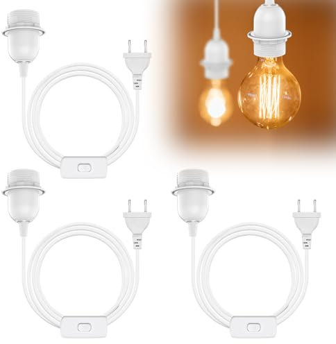 CLIUNT E27 Lampenfassung Mit Schalter und Stecker, 3 X Fassung Mit Kabel für Lampenaufhängung, Pendelleuchte, Hängeleuchte - Weiß