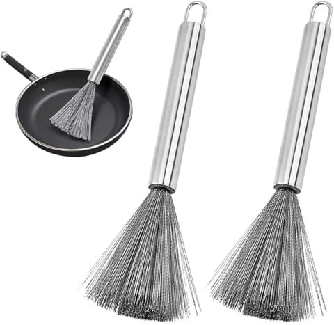 iTYOOS 2 Pieces Stainless Steel Pot Brush, Long Handle, Silver, Kitchen Cleaning Tool