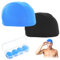 OUVESTA® Set mit 2 Poolkappen + 4 Silikonkappen | Badekappe für Damen und Herren, ideal für SPA, Wasserball usw. (schwarz-blau)
