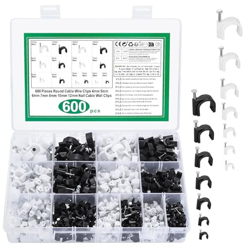 600 Piezas Grapas para Cables Redondo, Clips para Cables Blanco y Negro, Abrazadera de Cable con Clavos de Acero,Grapas Cable Pared para Cable Gestión Canal de Cables, 4/5/6/7/8/10/12 mm