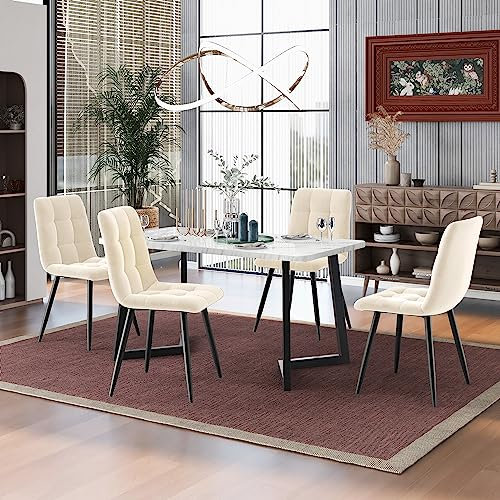 Eleganter 117cm Esstisch mit 4 Beige Samtstühlen - Modernes Küchen-Set mit Marmor-Optik & Schwarzen Tischbeinen - Platzsparend & Stilvoll für Esszimmer & Wohnbereich