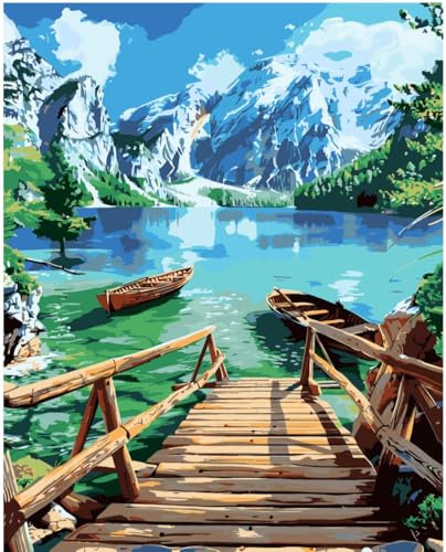 cdsnxore Paint by Numbers for Adults- Mountains Lake and Boats Painting by Number Kits On Canvas, Craft Art Painting Kit Acrylic Pigment Drawing Paintwork Decor(12x16inch) (Green)