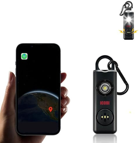 ICODI Localizador GPS Rastreador 4 en 1 con Alarma Defensa Personal 130 dB,sin Tarjeta SIM ni Suscripción, sin Límite Distancia,Luz Intermitente Emergencia y Linterna Led, Compatible Solo con iOS