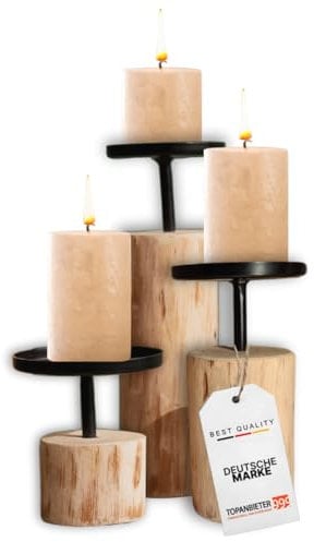TOPANBIETER 999 Kerzenständer 3er Set, Rundes Design aus Eukalyptusholz & Metall, Höhe 8-22 cm Stilvolle Kerzenhalter für Stumpenkerzen, Moderne Tischdeko Kerzenleuchter Lieferung ohne Kerzen