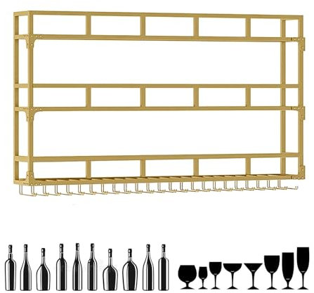 TATITZRO Portabottiglie in Ferro a 3 Ripiani da Parete con portabicchieri, mensole galleggianti per Bar, mensola per Esposizione Bottiglie di liquore, mensola sospesa per Bar, portabottigli