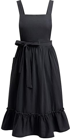 Odizli Kochschürze Damen Vintage Retro Rüsche Leinen Baumwolle Koch Schürze Frauen Küchenschürze Kittelschürze Schwarz Einheitsgröße