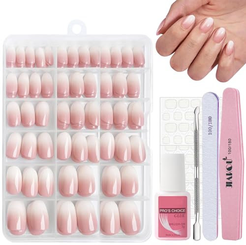 DMQ Short Almond False Nails Kit with Glue, 240Pcs Natural Gradient Pink Press on Nails, Oval French Fake Nails Pink Tips, Glossy Full Cover Stick On Nail for Women Girls Nail Art DIY