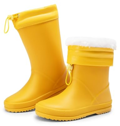 DREAM PAIRS Kinder Regenstiefel Gummistiefel Verstellbarer Kordelzug Verhindert das Eindringen von Wasser rutschfest leicht verschleißfest,Size 33.5,All Yellow,SDRB2401K