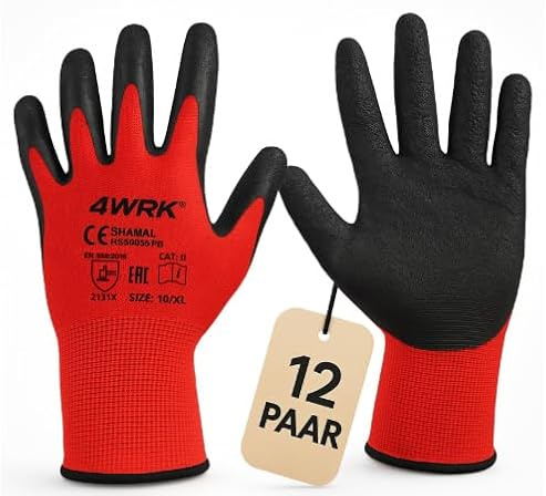 KEILOR 4WRK SHAMAL – Robuste Arbeitshandschuhe Unisex – 12 Paar – Größe 8 – Latexbeschichtet & Rutschfest – Für Bau, Garten, Lager, Werkstatt, Montage – Polyester-Arbeitshandschuhe für Herren & Damen