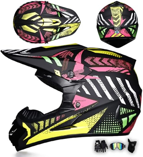 MODRYER Motocross-Helm Mit Brille Handschuhe Maske Damen Herren MTB Downhill Motorrad Fullface Helm MX Enduro Motorradhelm Mopedhelm Für Off-Road Cruiser BMX Quad,Pink-M