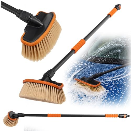 KADAX Autowaschbürste mit Wasseranschluss, Reinigungsbürste mit weichen Borsten, Schlauchanschluss und langem Stiel, Waschbürste für Fahrzeugpflege (110cm)