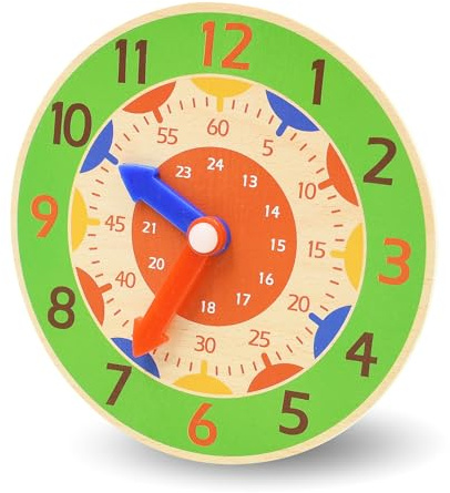 Kikuo 14CM Lernuhr Grundschule, Lautlos Bunte Lernuhr mit Stunden-und Minutenzeiger Lernspielzeug, Lernuhr Kinder Holz für Haus, Spielzimmer und Klassenzimmer (Grün)