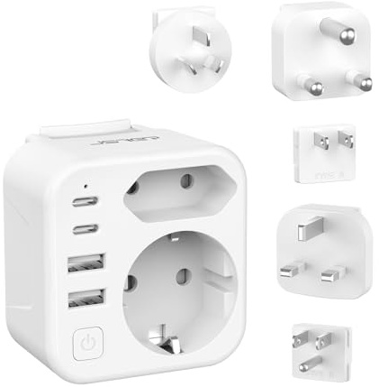 JSVER Universaladapter,Reseadapter för USA/Storbritannien/Europa,Internationell Typ A/G/B/C/I/M-Adapter med 4 USB A+C-portar och Switch,Adapter för Kanada,Australien, Mexiko-Vit