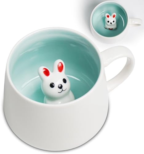 ZONSUSE Süße Hasen Tasse, 3D Hasenmotiv in Becher, Kawaii Keramik Kaffeebecher, mit Deckel und Löffel, Geschenk für Mädchen, Freundin, Kinder, Geburtstag, Feiertag 350ml (3D-Hase)