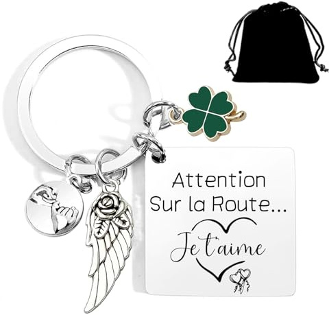 QTZXZX Cadeau Couple Noël Porte-Clé de Voiture Moto Acier Inoxydable Porte Clef Pendentif Personnalisé avec attention sur la route Porte-Clé de Homme Femme pour Fête Saint Valentin Anniversaire
