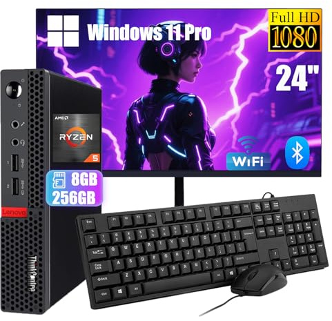 Lenovo ThinkCentre M715Q Mini Desktop PC mit 24 Zoll Monitor, AMD Ryzen 5 Pro 2400, 8 GB RAM, 256 GB SSD, WiFi, Bluetooth, US QWERTY Tastatur, Windows 11 Pro (Generalüberholt)