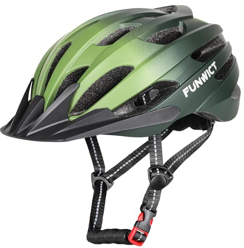 FUNWICT Mountain & Road Bike Helmet for Adults, Lightweight & Adjustable Bicycle Helmet with Sun Visor for Cycle, 22.44-24 inches (Dark Green, L: 22.44-24 inches)