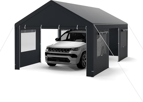 GYMAX extra großes Carport Zeltgarage, Lagerzelt mit aufrollbaren Fenstern, abnehmbaren Seitenwänden &Türen, wasserfeste PE-Plane, wetterfeste Autogarage für Auto, SUV (3.6 x 6 m,Dunkelgrau)