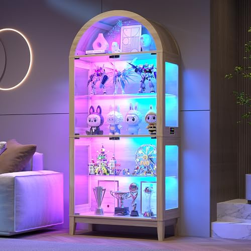 175cm Tall Arched Display Cabinets with Human Body Sensor for Collectibles | Display Cabinet with RGB Lights,5-Shelves Bookcase with Glass Doors,Trophy Storage Cabinets for Bookshelf,Living Room,Natural