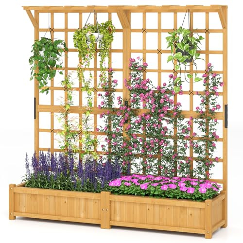 HOMASIS 2 Stück Blumenkasten mit Rankgitter & Dachregal, Pflanzkasten mit Spalier, 180 cm Pflanzkübel Hochbeet aus Holz, Rankhilfe für Kletterpflanz, Pflanzgefäß für Garten Balkon Terrasse (Natur)