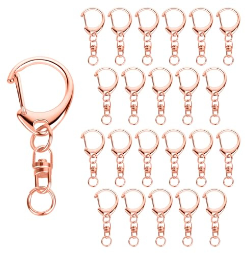 Xrkuu 50 Pcs Rose Gold Keyring Hooks, Metal D Ring Snap Hooks with 360° Swivel Clasps & Split Rings, Metal Lobster Claw Lanyard Clips for DIY Crafting, Jewellery Making & Bag Charms