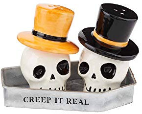 Mud Pie Salero y pimentero de calavera de Halloween, juego de 3 piezas