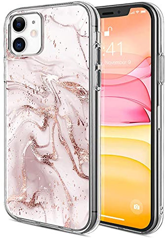 Bosdeny Compatible with iPhone 11 Case for Girls Women, Marble Sparkly Glitter Shockproof Design Protective Hard Back and Soft TPU Bumper Phone Cover for iPhone 11 6.1 inch (Pink)