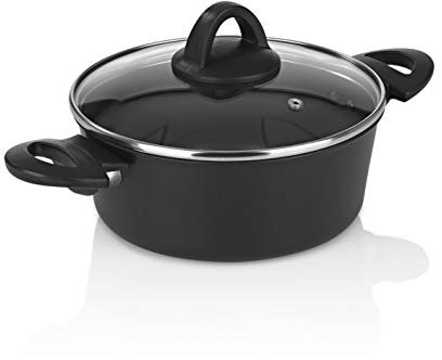 Bratoni Aluminium-Kochtopf 20 cm mit Deckel aus Glas | Antihaft-Beschichteter Topf mit Induktion für fettarmes Kochen | Induktionstopf, Spülmaschinenfest | Brattopf Geschmiedet - 20 x 8 cm, Schwarz