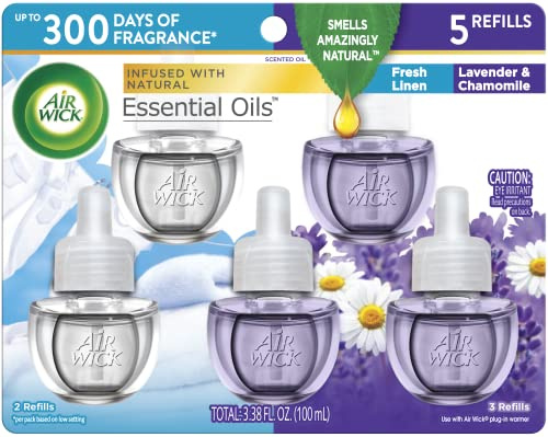 Air Wick Plug in Scented Oil Refill, Fresh Linen and Lavender, Air Freshener, Essential Oils, 5 Count,Fresh Linen and Lavender