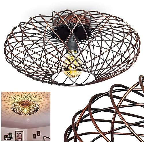 HOFSTEIN Deckenleuchte Wemude, Deckenlampe aus Metall, Lampe Schwarz-Kupfer, 1-flammig, E27-Fassung, Spannender Lichteffekt, Gitter-Optik, Metall, 40 cm, Schlafzimmer, Esszimmer, Küche, Retro Vintage