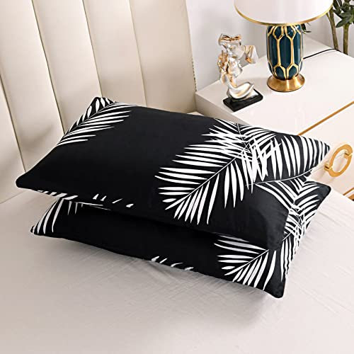 Omela Kissenbezug 40 x 80 cm Schwarz Weiß Palmenblätter Muster Kissenbezüge 40x80 2er Set 100% Mikrofaser Tropische Blätter Muster Kopfkissenbezug, Kissenhülle mit Reißverschluss