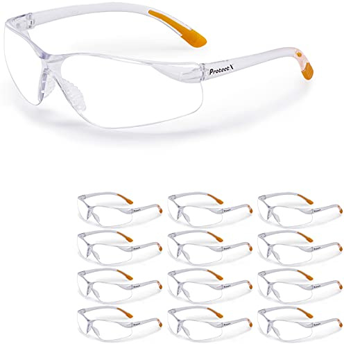 ProtectX Lot de 12 Lunettes de Sécurité ANSI Z87.1 avec Verres Transparents, Résistants aux Rayures et Anti-Buée, Poignées Antidérapantes, Protection UV, Monture Transparente et Orange