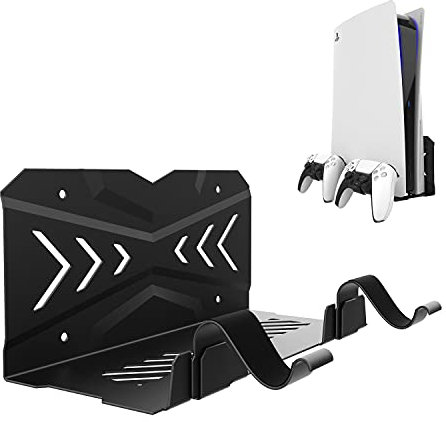 UPOK Hidden Wall Mount for PS5 - Accessories Playstation 5 Digital/Disc Edition Console Floating Shelf Behind TV, with 2 Detachable Controllers Holder Metal Rack, Solid Iron Stand Kit, Easy Install