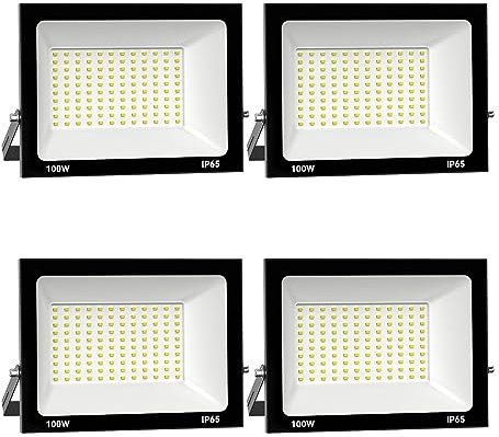 Royana 4er 100W LED Strahler Außen 10000LM Superhell led strahler 3000K Warmweiß IP65 Wasserfest led scheinwerfer, für Sportplatz Garage Garten Hinterhof.