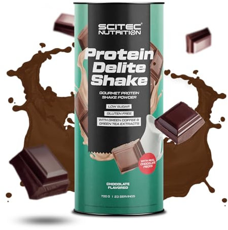 Scitec Nutrition Protein Delite Shake Producto alimenticio en polvo con trozos de chocolate, proteína, L-carnitina, extracto de café verde, 700 g, Chocolate
