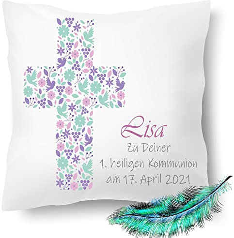 Print Deluxe Kommunion Geschenk, bedrucktes Kissen personalisiert mit Namen und Datum |Geschenk Idee,Dekokissen | Kuschelkissen 40X40 Bedruckt | Kissenbezug (mit Kissenfüllung, Pink/Grün)