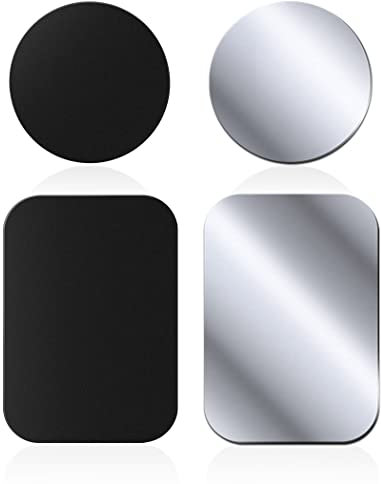 Rouclo Juego de 4 Placas de Metal Autoadhesivas con Adhesivo para el Coche, Placas de Metal Muy Finas para teléfono móvil y Tablet, Negro Plateadas Redondas Rectangulares