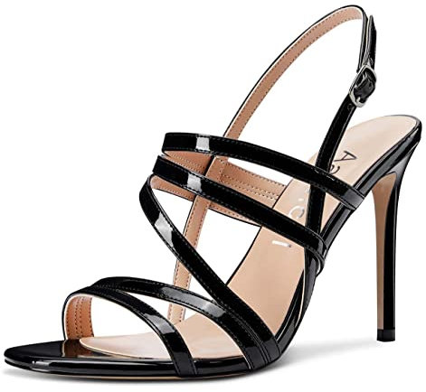 Aachcol Donna Sandali romani con cinturini romani Strapy Aperte sulla Punta Spillo Alto High Tacco Heel Slingback Cinturino alla Caviglia 10 CM Nero Verniciata 41 EU