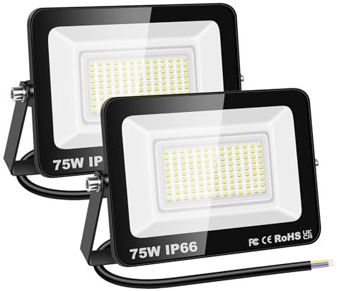 RIGIDON 2x 75W Projecteur d'extérieur Led, 7500LM Luminaire Exterieur, IP66 étanche Éclairage de Sécurité Extérieur, Projecteur led lampe de Patio Garage Terrasse Jardin Chantier, 6000K Blanc Froid