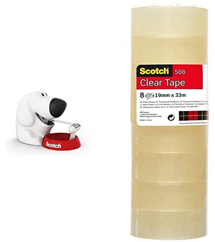 Scotch, Dévidoir, Petit Dévidoir de Ruban Adhésif en Forme de Chien, Taille 19 mm x 33 mm, Blanc avec Base Rouge & Ruban Adhésif Transparent 508-8 Rouleaux - 19mm x 33m