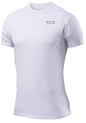 TCA Men's Atomic Quick Dry T Shirt, Gym Sports Running Top for Men, Lightweight Breathable Moisture Wicking Active Athletic Short Sleeve Shirt - White (UPF 50+), XL