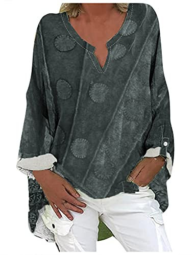 Leinenbluse Damen Elegant V-Ausschnitt Damenblusen Große Größen Sommer Musselin Bluse Leinen Baumwolle Oversize Italienische Mode Stehkragen Tunika Oberteile Longshirt Langarmshirt