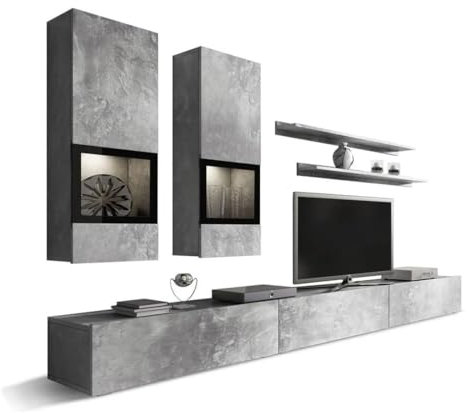 Meublorama Set Soggiorno da Parete Ramos - Grigio Effetto Cemento - LED Multicolori integrati - Mobile TV + vetrine + scaffali