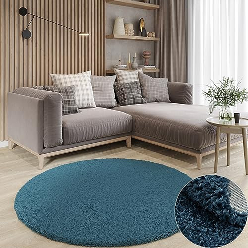 MY-RUG Teppich Shaggy Star Hochflor rund dunkelblau 150 x 150 cm - Esszimmer Teppich, Langflor, Modern